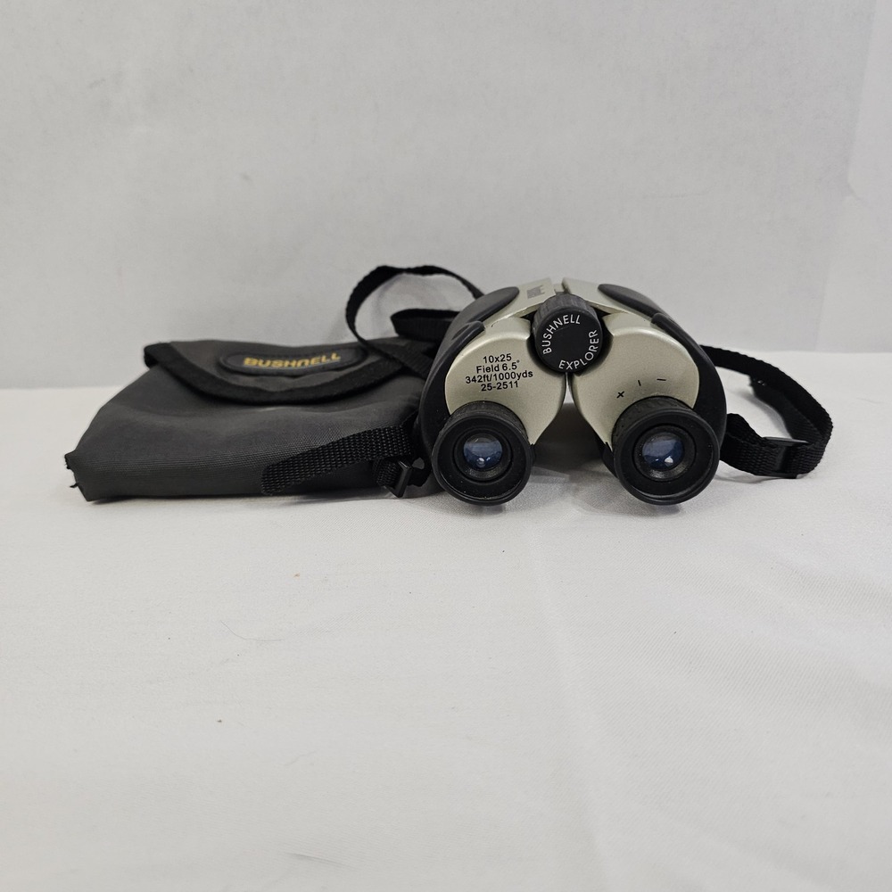 Vintage Bushnell Explorer 10x25 Compact Binoculars Field 6.5° - Silver & Black